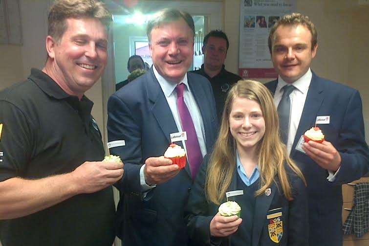 Nick Whatley(far left), owner of Prestige Solar & Heating, with daughter Alyssa with Ed Balls and Tristan Osborne (far right).