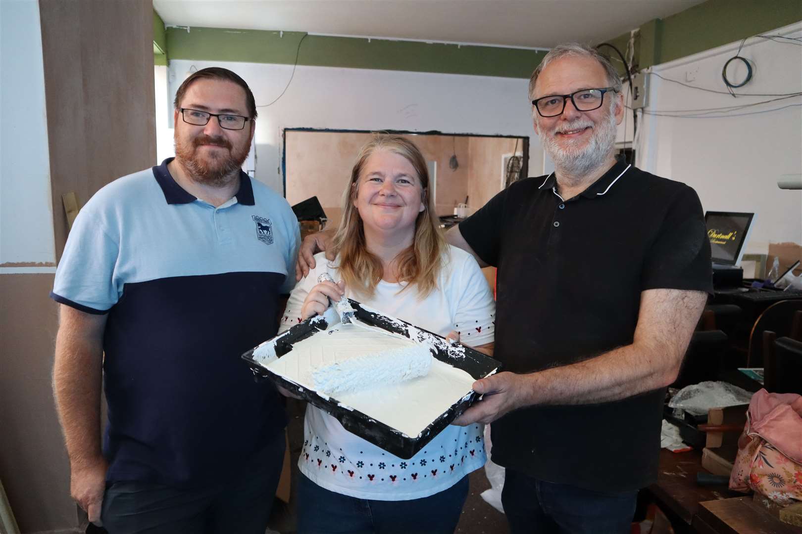 Cllr Lee McCall, left, with husband and wife Amanda and John Durtnall, in the former Britannia Hotel in Sheerness High Street. Durtnall's restaurant is to open on October 1. Picture: John Nurden