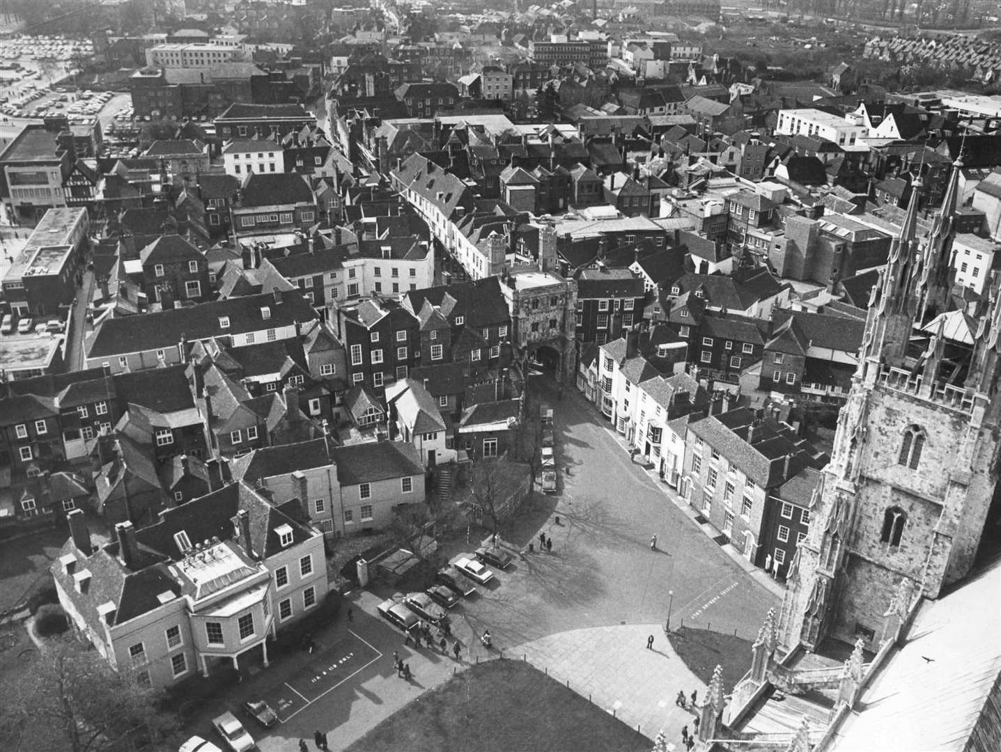A 1976 view from the Cathedral's Bell Harry tower looking towards Mercery Lane and the high street