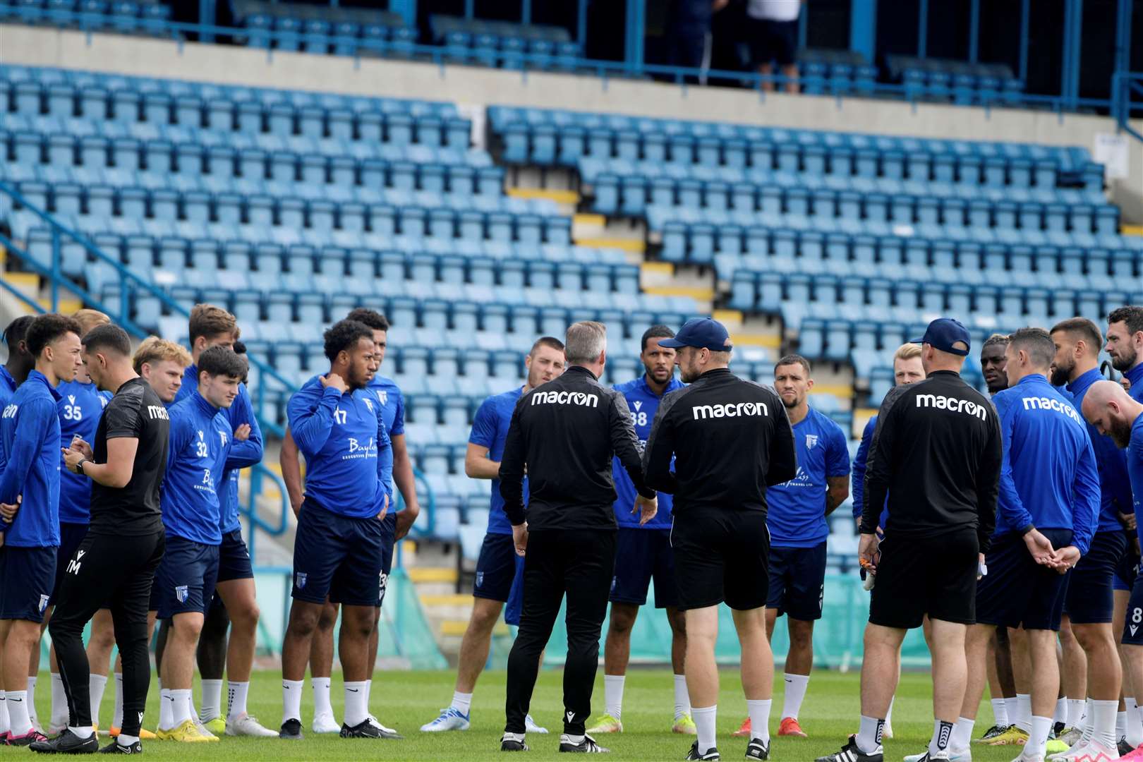 Manager Neil Harris talks with the players ahead of the open session at Priestfield Picture: Barry Goodwin