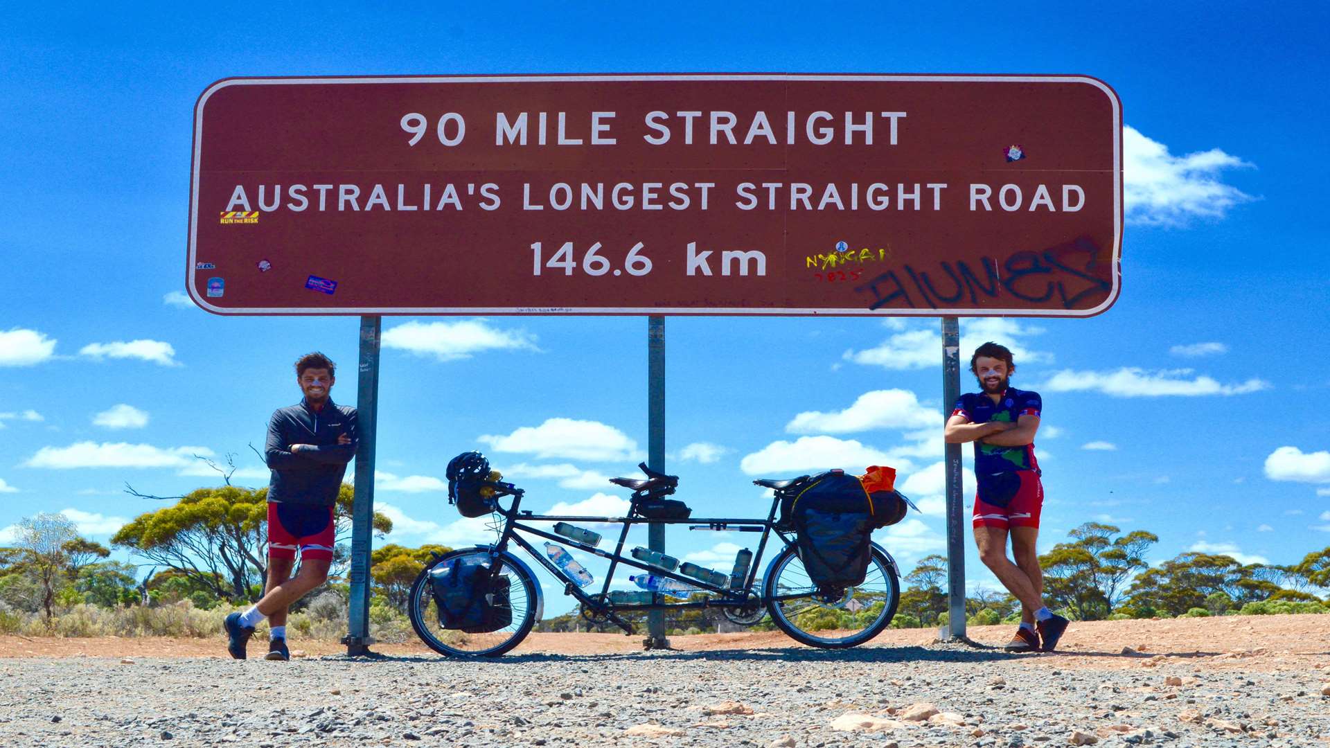 The Tandem Men, John Whybrow (left) and George Agate, ready to take on Australia's longest straight road