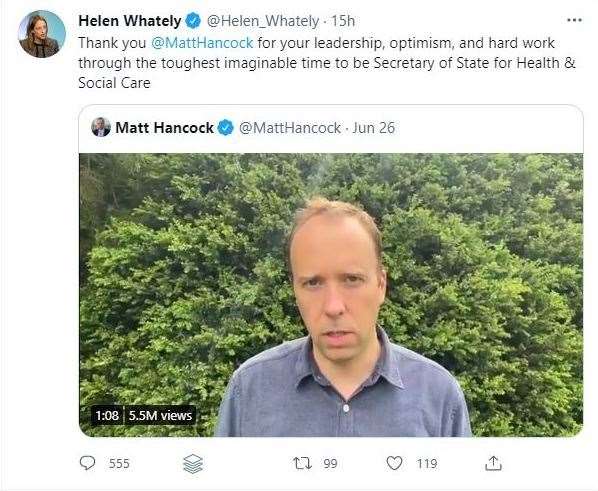 Helen Whately sparked a backlash with this tweet to Matt Hancock