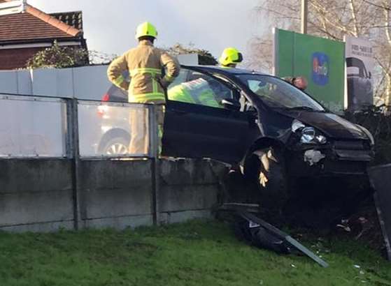 A car crashed into the wall surrounding Soapy Sams car wash in Tonbridge. Picture: Gemma Reid