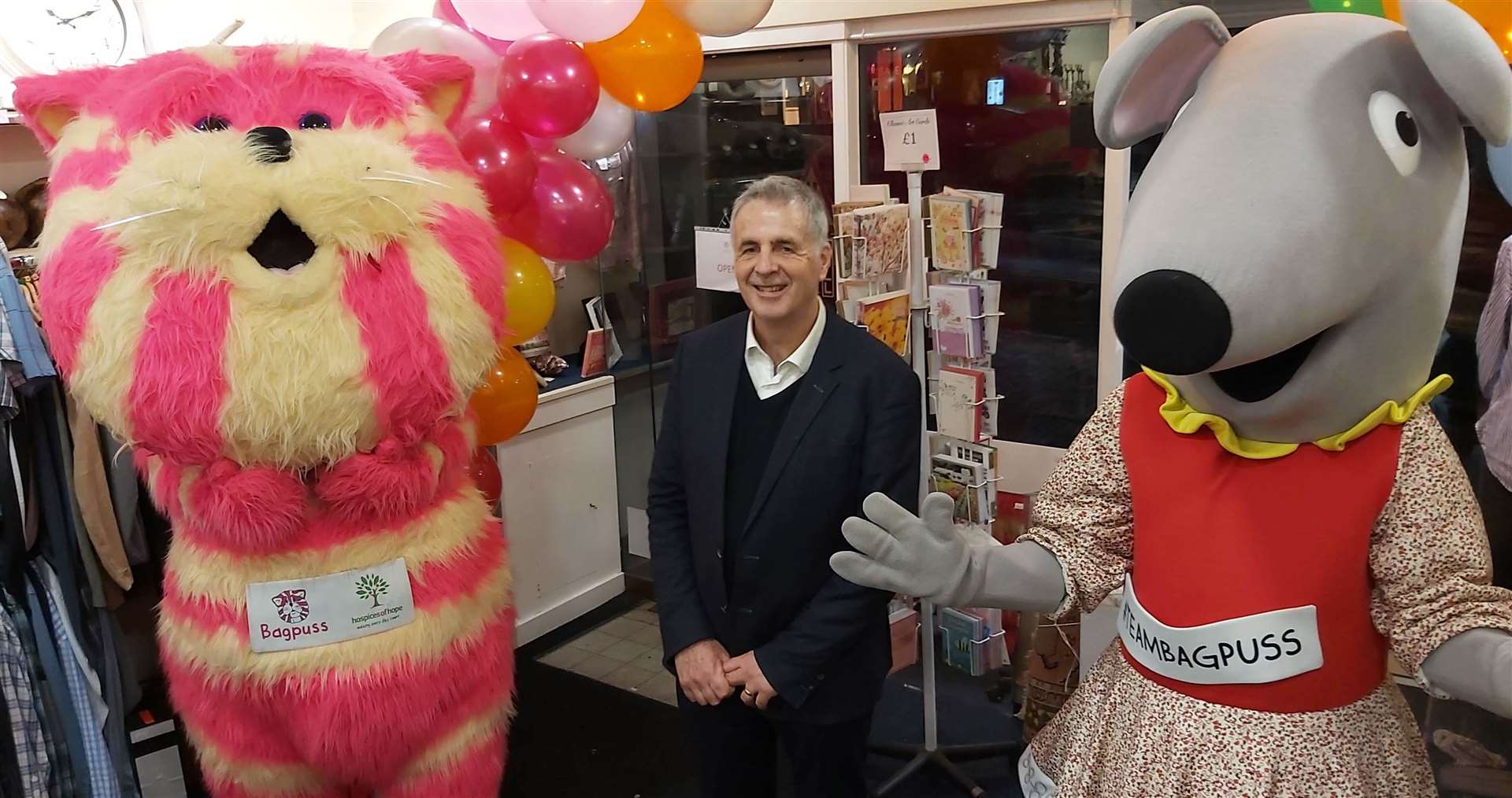 Founder Graham Perolls with Bagpuss and Lizzy as they opened their charity store in Tunbridge Wells last year
