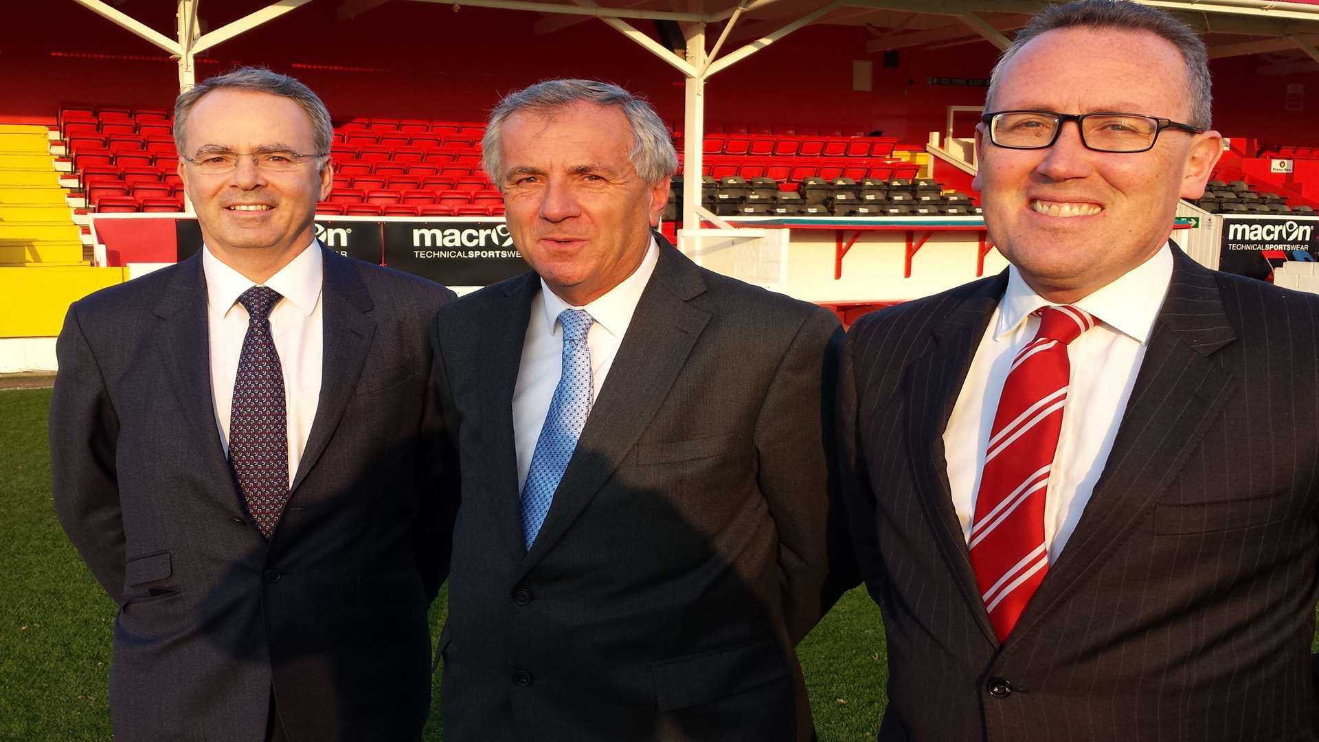 David Testa, left, as a director of Ebbsfleet United with chief executive Peter Varney, centre, and director Stuart Butler-Gallie