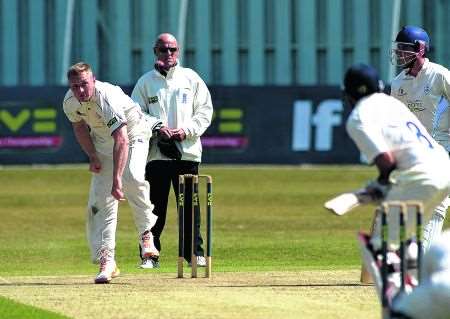 Kent's Ashley Shaw bowling against Derbyshire