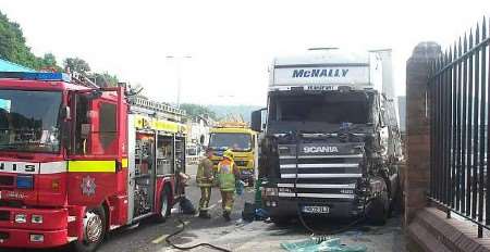 The damaged lorry after today's crash. Picture: GRAHAM TUTTHILL