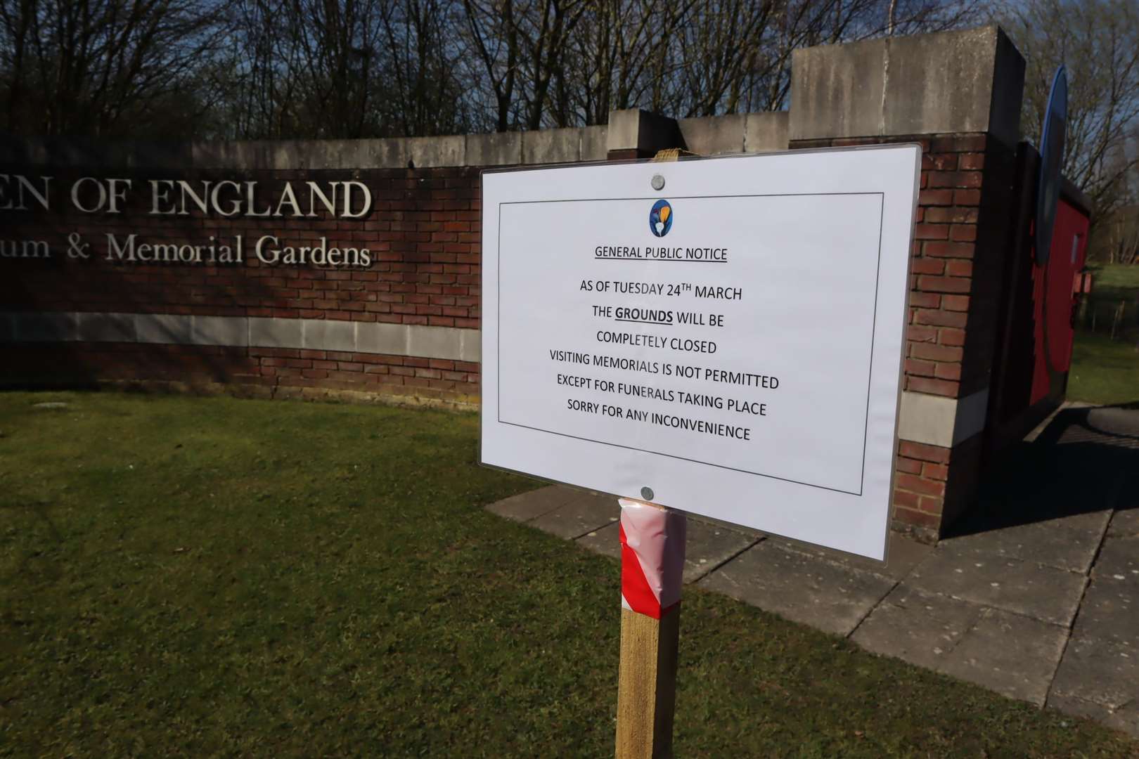 Gardens closed to the public at the Garden of England Crematorium at Bobbing near Sittingbourne because of coronavirus