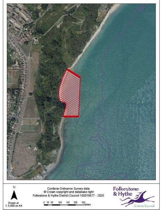 The area of beach that has been closed. Photo: FHDC/ Ordinance Survey