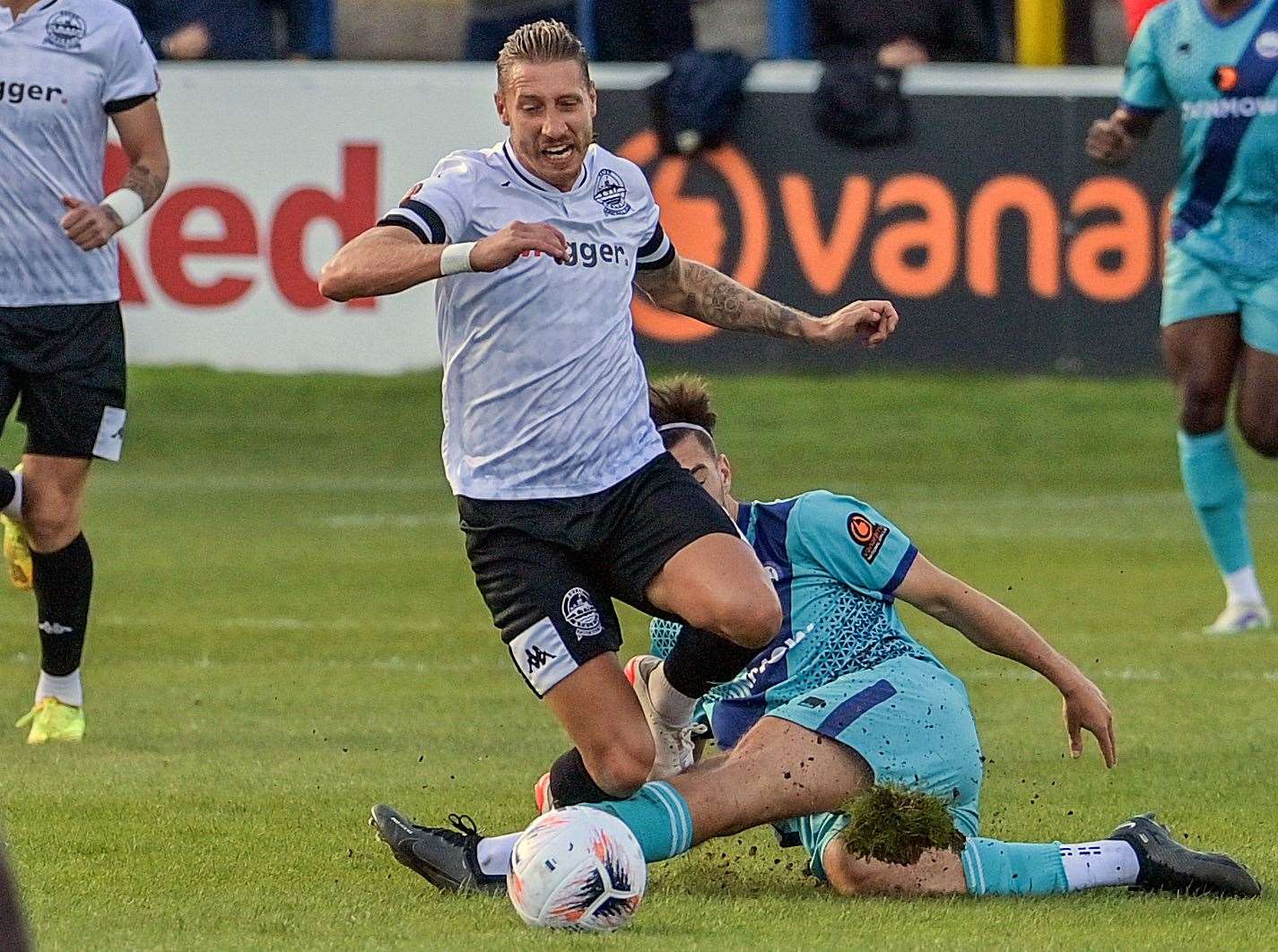Skipper Lee Martin in the thick of it in Dover's 3-1 win over Braintree. Picture: Stuart Brock