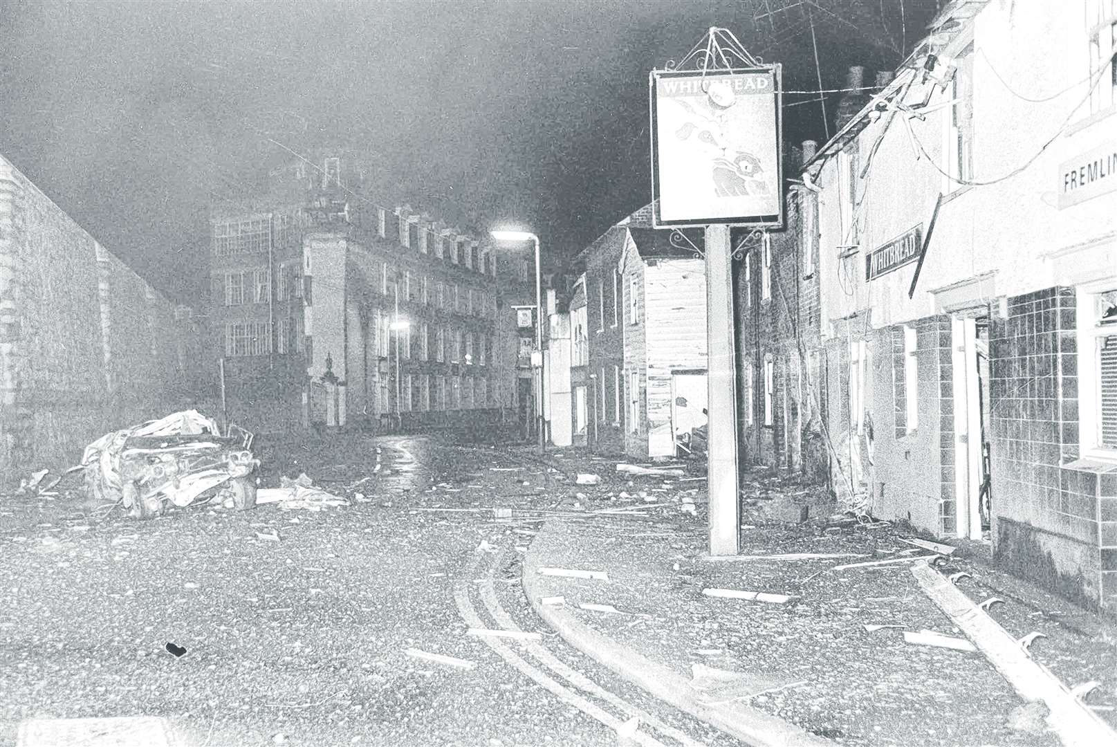 The scene of devastation at the Hare and Hounds pub in 1975