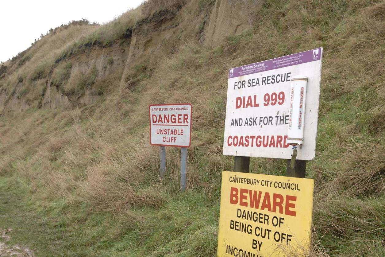 Danger signs at the cliffs between Herne Bay and Reculver