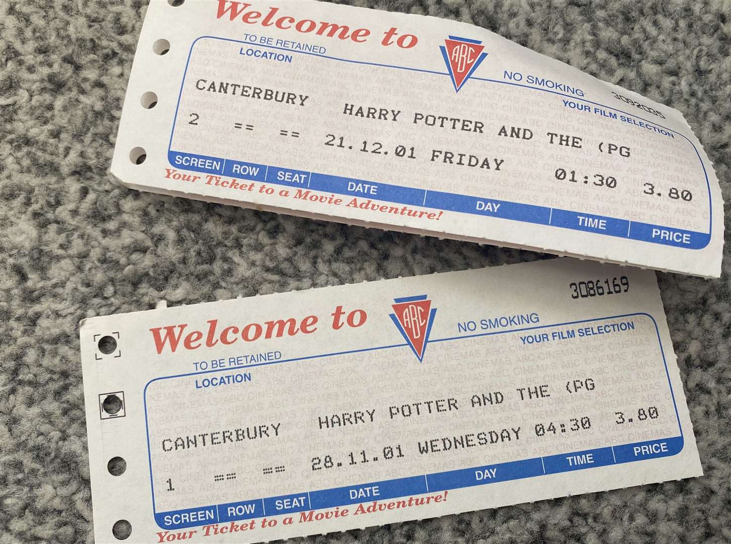 Cinema tickets for Harry Potter and the Philosopher's Stone in 2001. It cost £3.80 to see the film at ABC in Canterbury