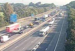 Traffic queuing on the M25 this morning