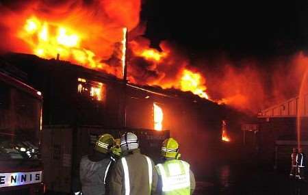 The scene at the height of the blaze. Picture courtesy KENT FIRE AND RESCUE SERVICE