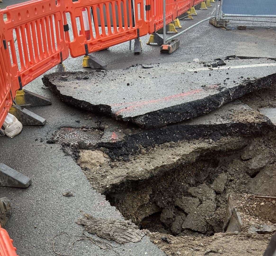 Part of the carriageway has collapsed due to works in Gas House Road, Rochester
