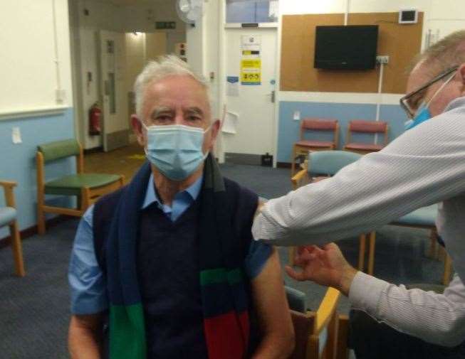 Roger Truelove, leader of Swale council, having his coronavirus jab at Sittingbourne's vaccination centre on Wednesday, January 27, 2021
