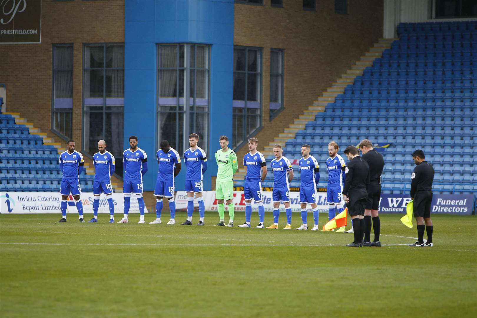 Gillingham players during a two minute silence for HRH Prince Philip before kick off against Shrewsbury on Saturday Picture: Andy Jones