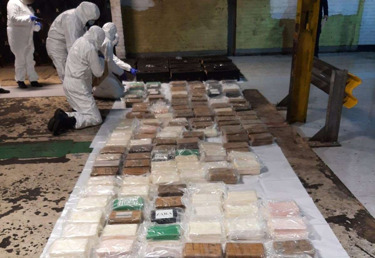 1.2 tonnes of cocaine was found in a banana boat in Sheerness Docks during an early morning armed police raid. It is said to have a street value of £90 million. Picture: National Crime Agency