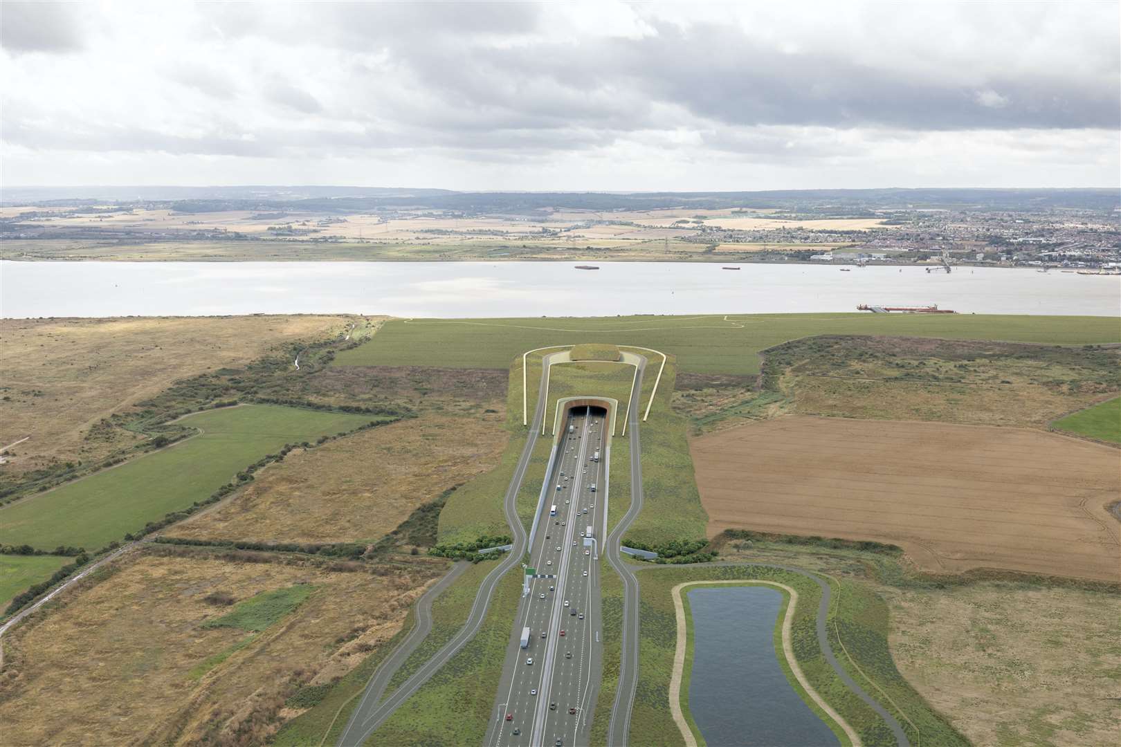 The latest proposals for the northern entrance of the tunnel looking across the river towards Kent of the Lower Thames Crossing. Picture: Highways England/Joas Souza Photographer