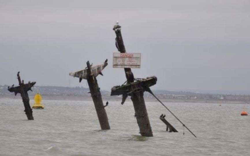 Masts of the wreck of the SS Richard Montgomery ship underwater off Sheerness. Picture: Maritime & Coastguard Agency