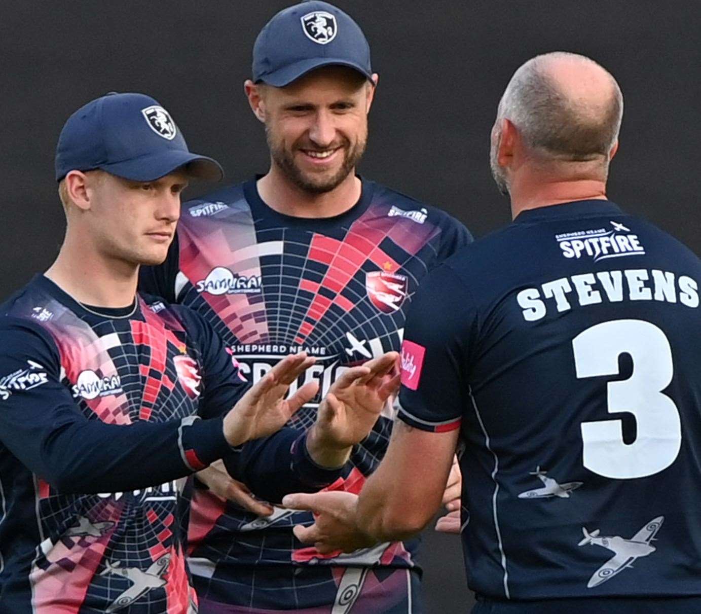 Jordan Cox celebrates alongside Darren Stevens and Alex Blake during Kent's run to become T20 Blast champions this year. Picture: Keith Gillard