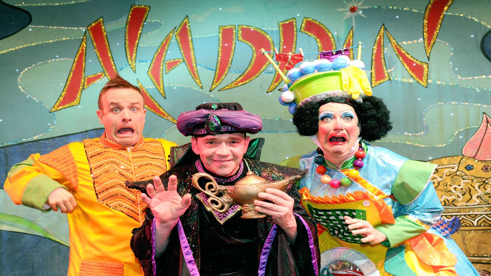 David Dobson, Todd Carty, Mark Siney dressed up and ready for the panto.