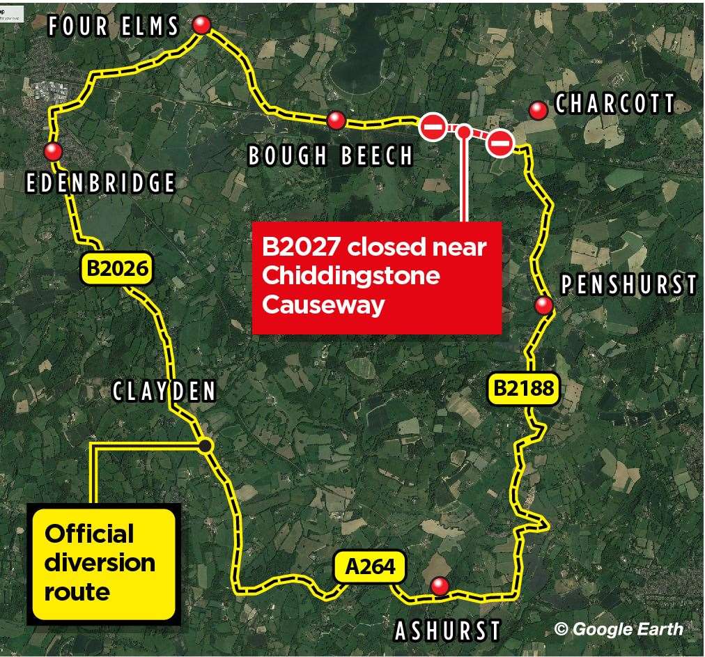 The official diversion route around the B2027 road closure