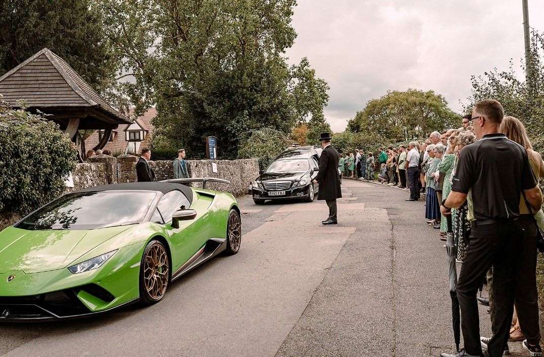 His cortege was led by a friend’s green Lamborghini, who had taken Oli on several bucket list trips in it before. Picture: The Life Narrator