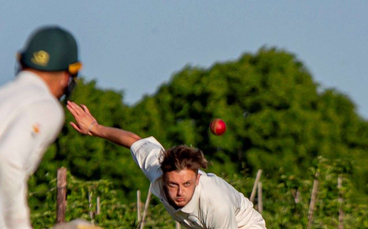 Young bowler Ben Mills took one of two wickets to fall amid Sevenoaks Vine’s 57-2 from 14 overs. Picture: Phillipa Hilton