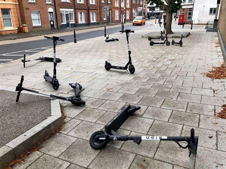 A number of Bird e-scooters left near Station Road West, Canterbury. Picture: Sian Pettman