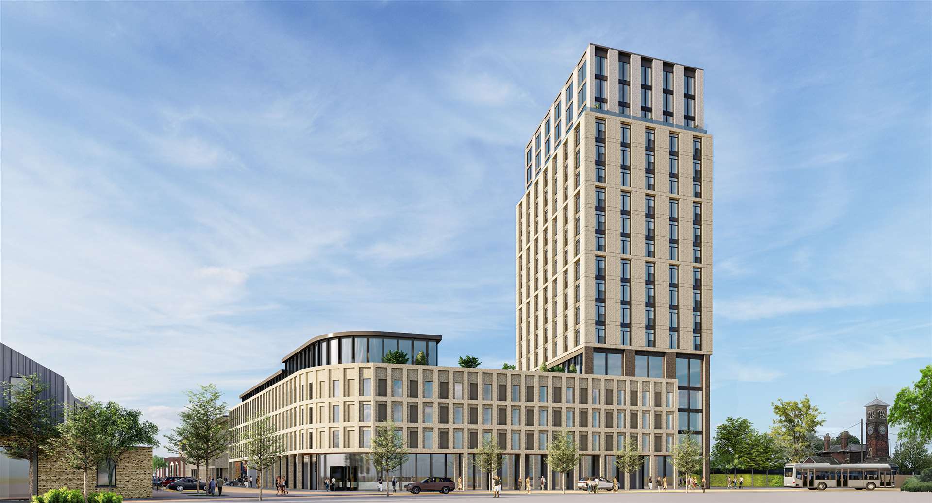 Developers say the 18-storey hotel will be the tallest building in Ashford, providing “visual interest and high architectural quality” and a “landmark” for the town. It will feature 120 bedrooms, 62 serviced apartments, a conference centre, restaurant and leisure function space. The 120 hotel rooms will be provided on floors one to three. A restaurant and leisure facilities/function space will be provided on the fourth floor. The 62 serviced apartments will be built on floors five to 17 with five units per floor. There will be 10 one-bedroom units and 52 two-bed flats