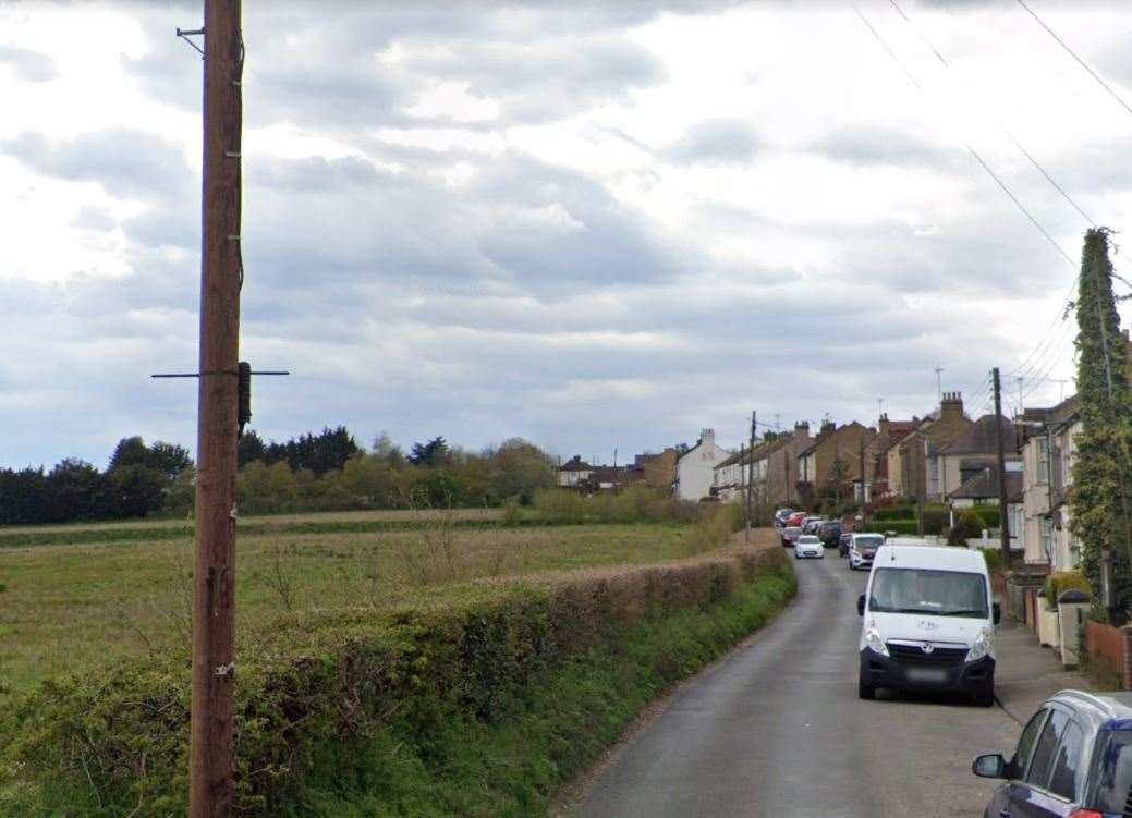 Fire crews were called to a hedgerow fire which had spread to crop fields in Shirehall Road, Hawley. Photo: Google