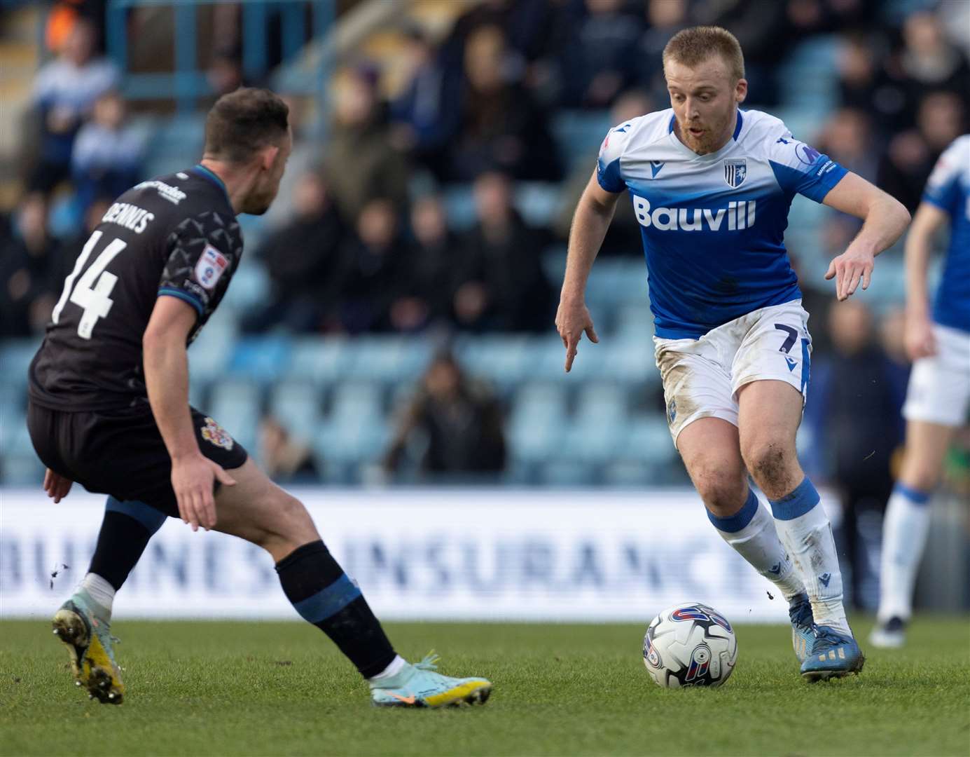 Substitute George Lapslie on the ball in Gillingham’s weekend 1-1 draw with Tranmere. Picture: @Julian_KPI