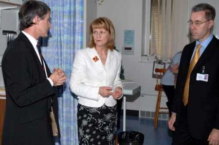 Beverley Hughes with Dr Neil Martin (left) and Rupert Egginton. Picture: BARRY GOODWIN