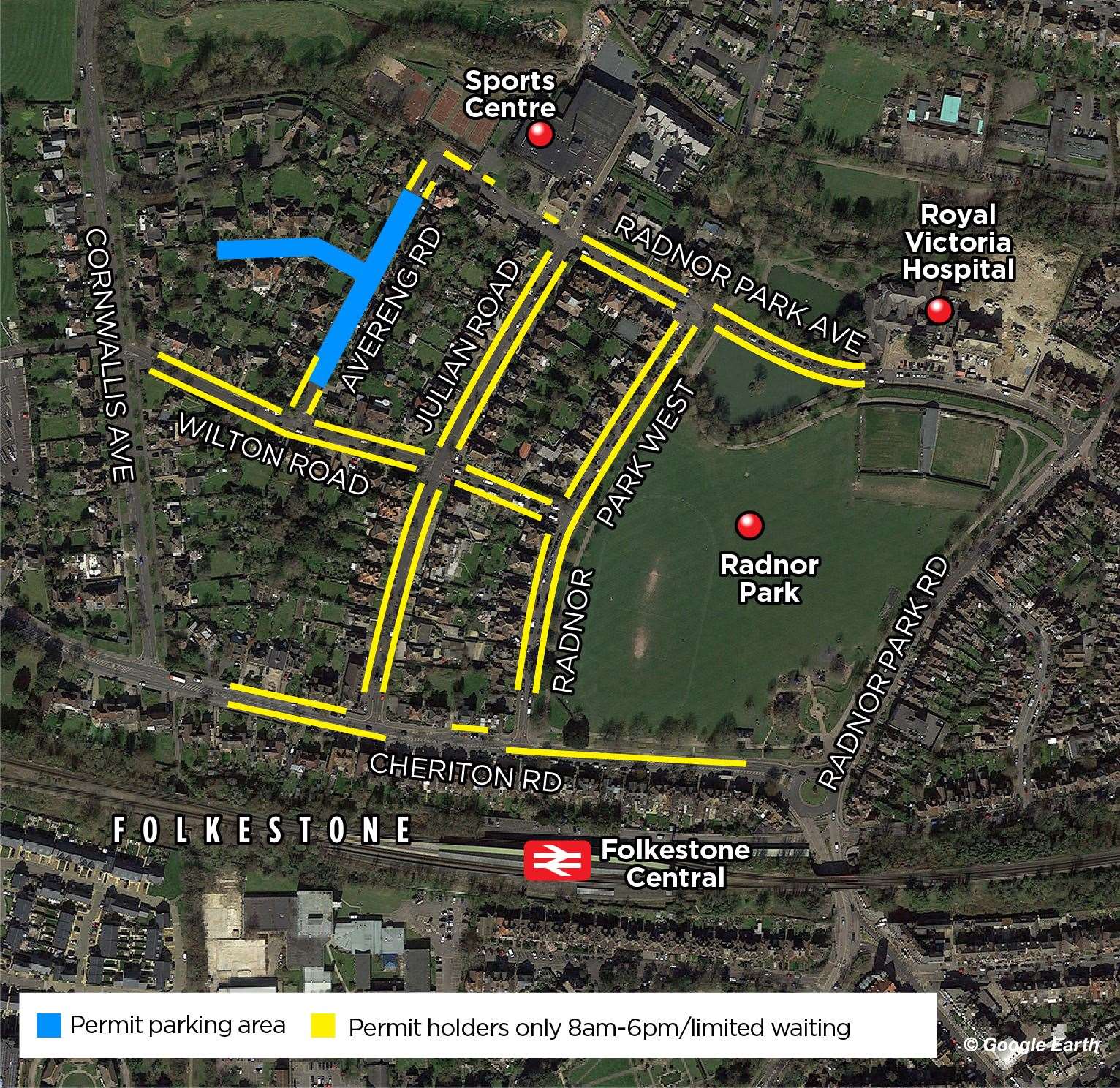 Locator map showing the expansion of parking restrictions on streets close to Radnor Park in Folkestone