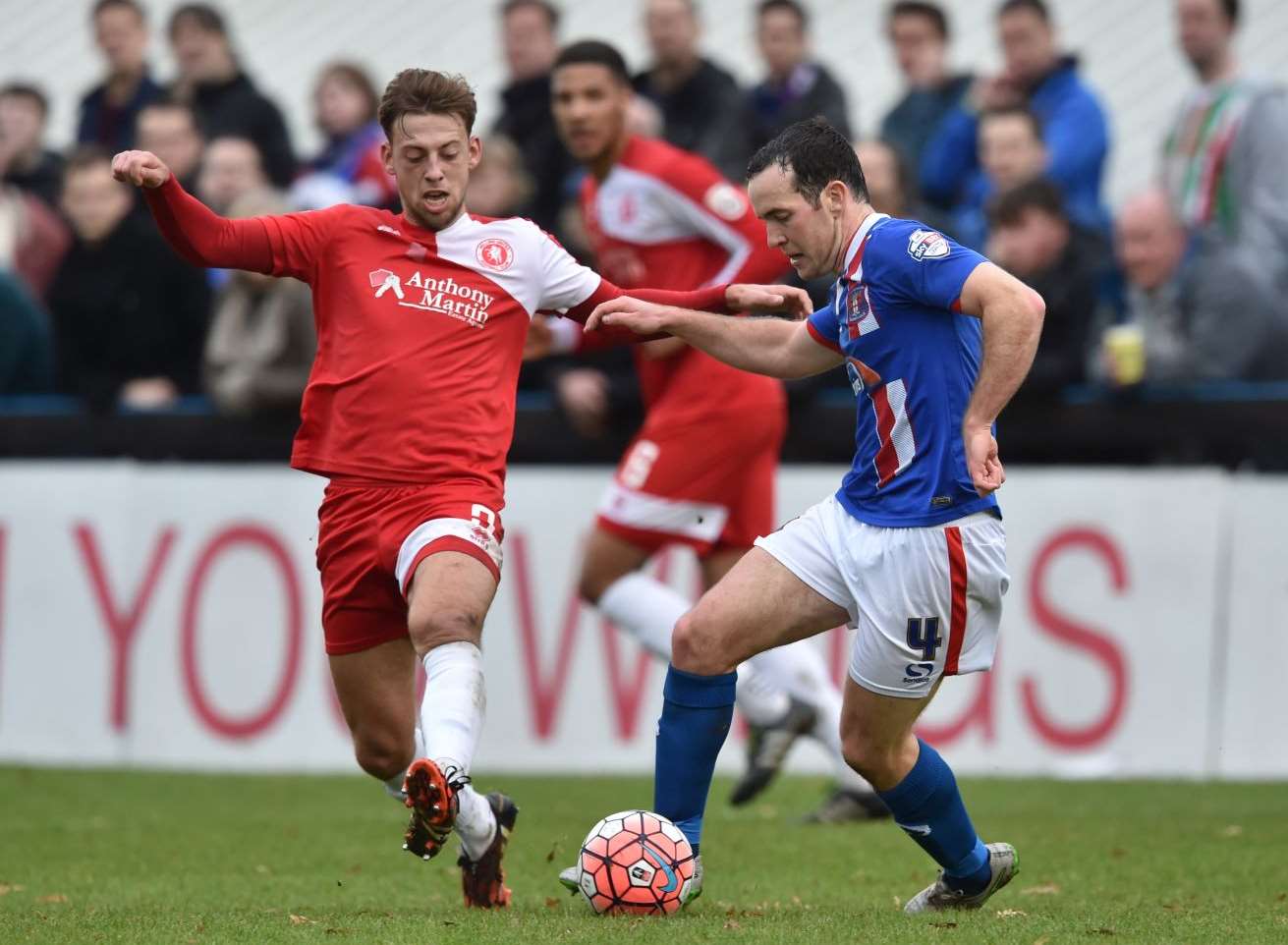 Welling left-back Ben Jefford closes down Carlisle's Luke Joyce. Picture: Keith Gillard