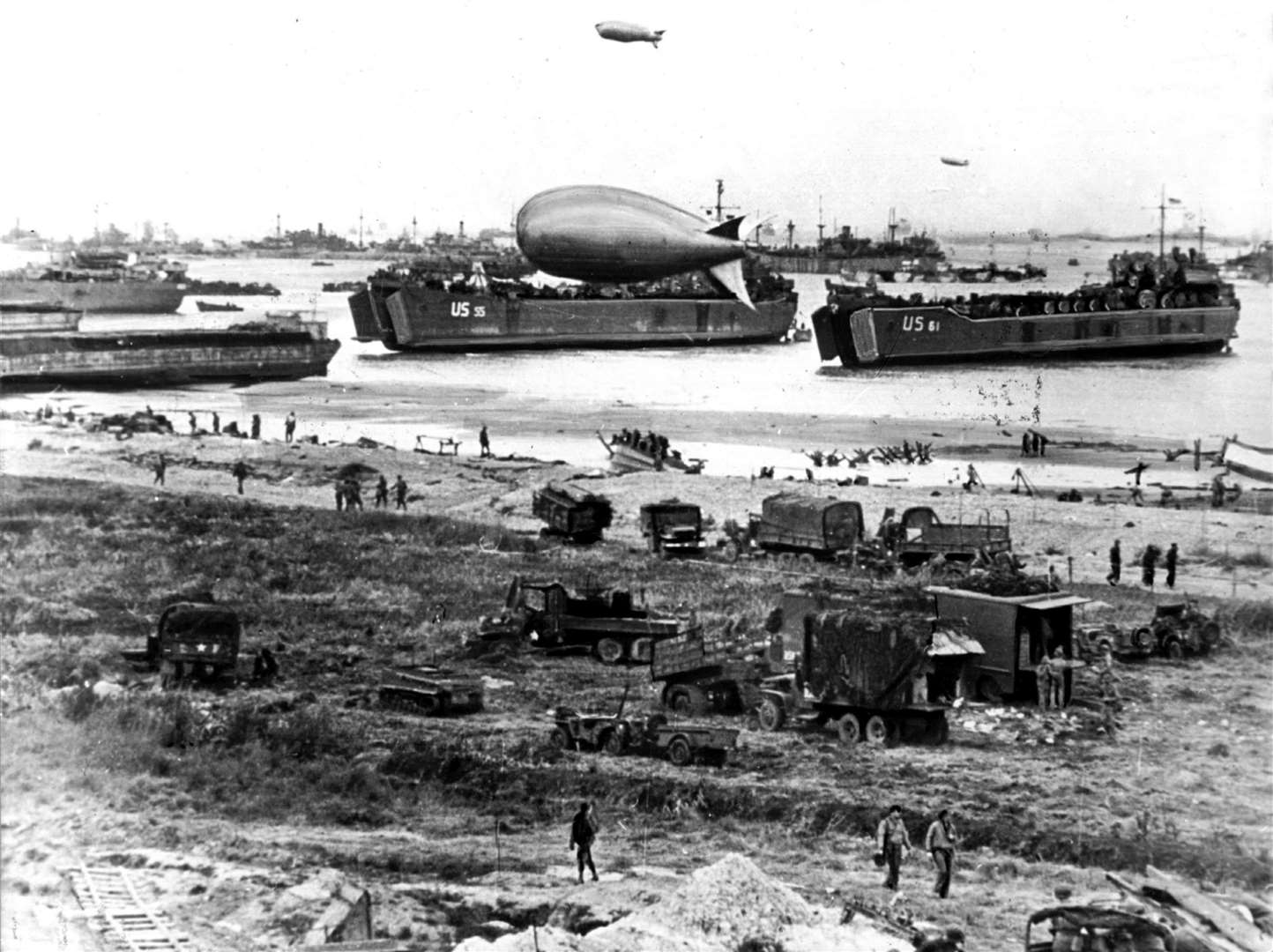 A view of the a beach during the Allied invasion of Normandy, France, in 1944