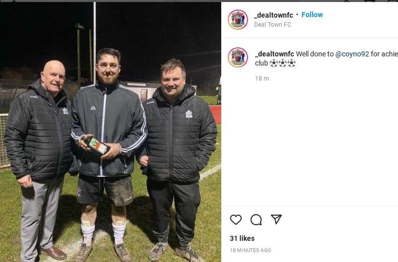 Deal striker Connor Coyne marks scoring his 100th goal for the club alongside manager Derek Hares, left, and coach Steve King after their 5-2 home win over Bearsted on Tuesday night. Picture: Instagram/ @_dealtownfc