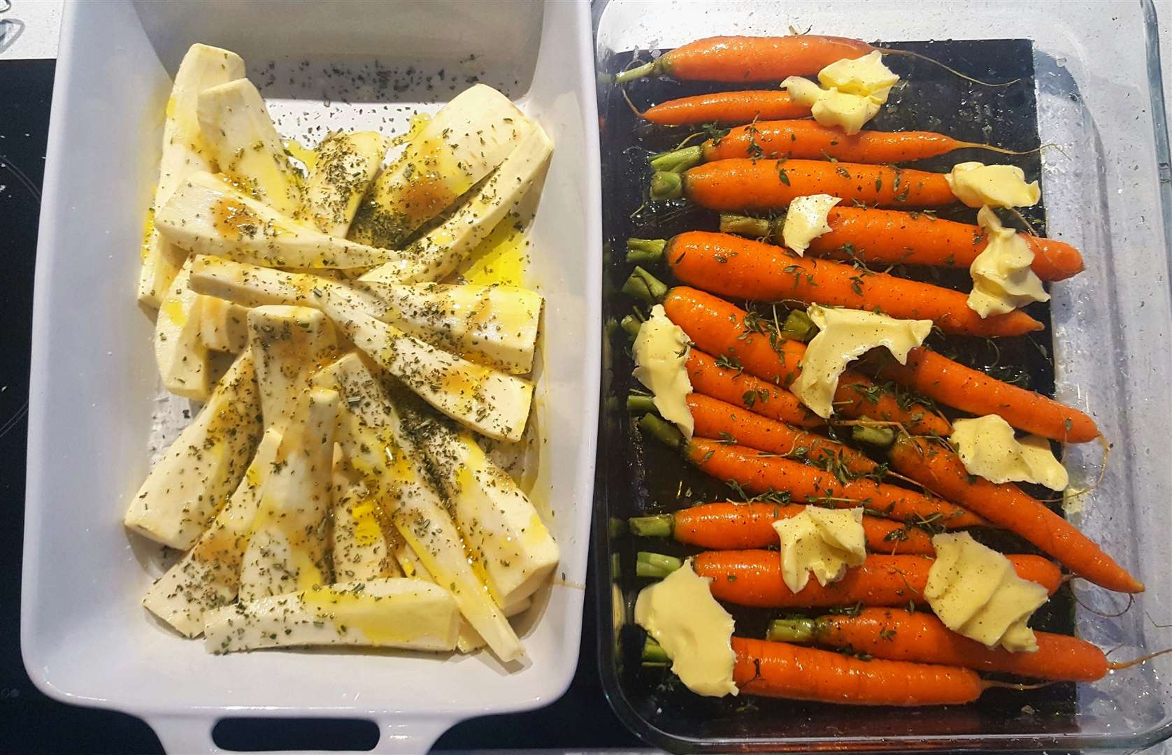 The prepped carrots and parsnips, which are roasted in salt, honey and butter