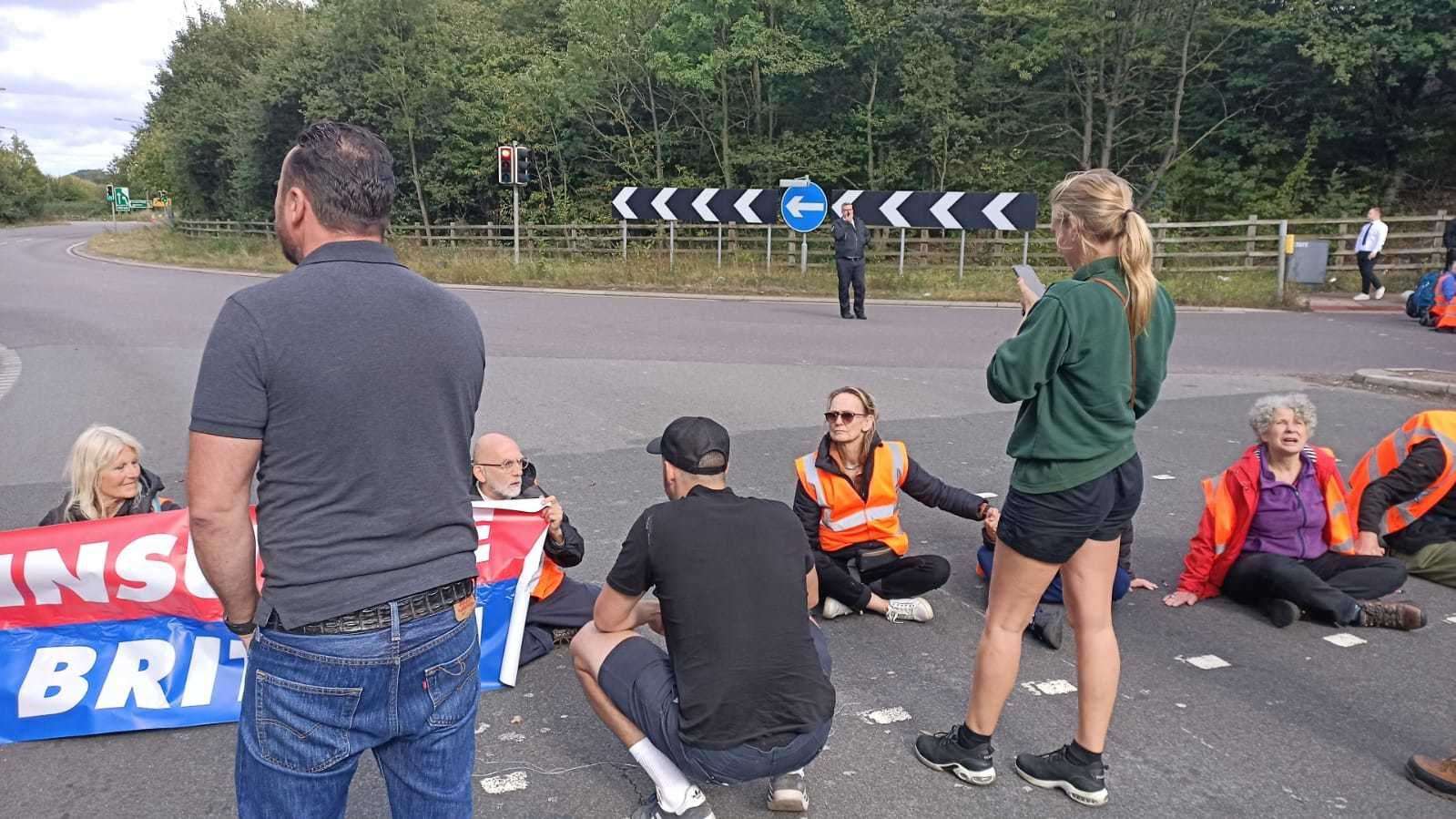 Insulate Britain protestors block a junction of the M25 near the Swanley Interchange yesterday. Photo: Insulate Britain