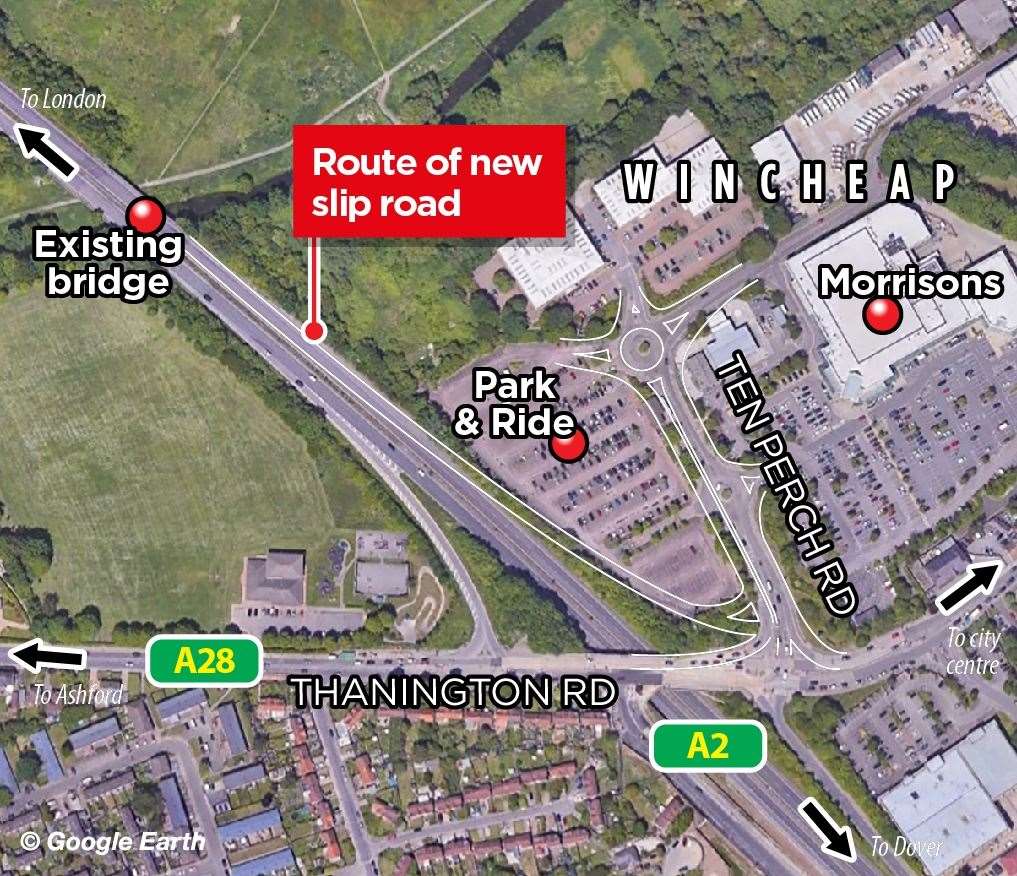 A graphic showing the changes to the road system as a result of the proposed A2 Wincheap exit