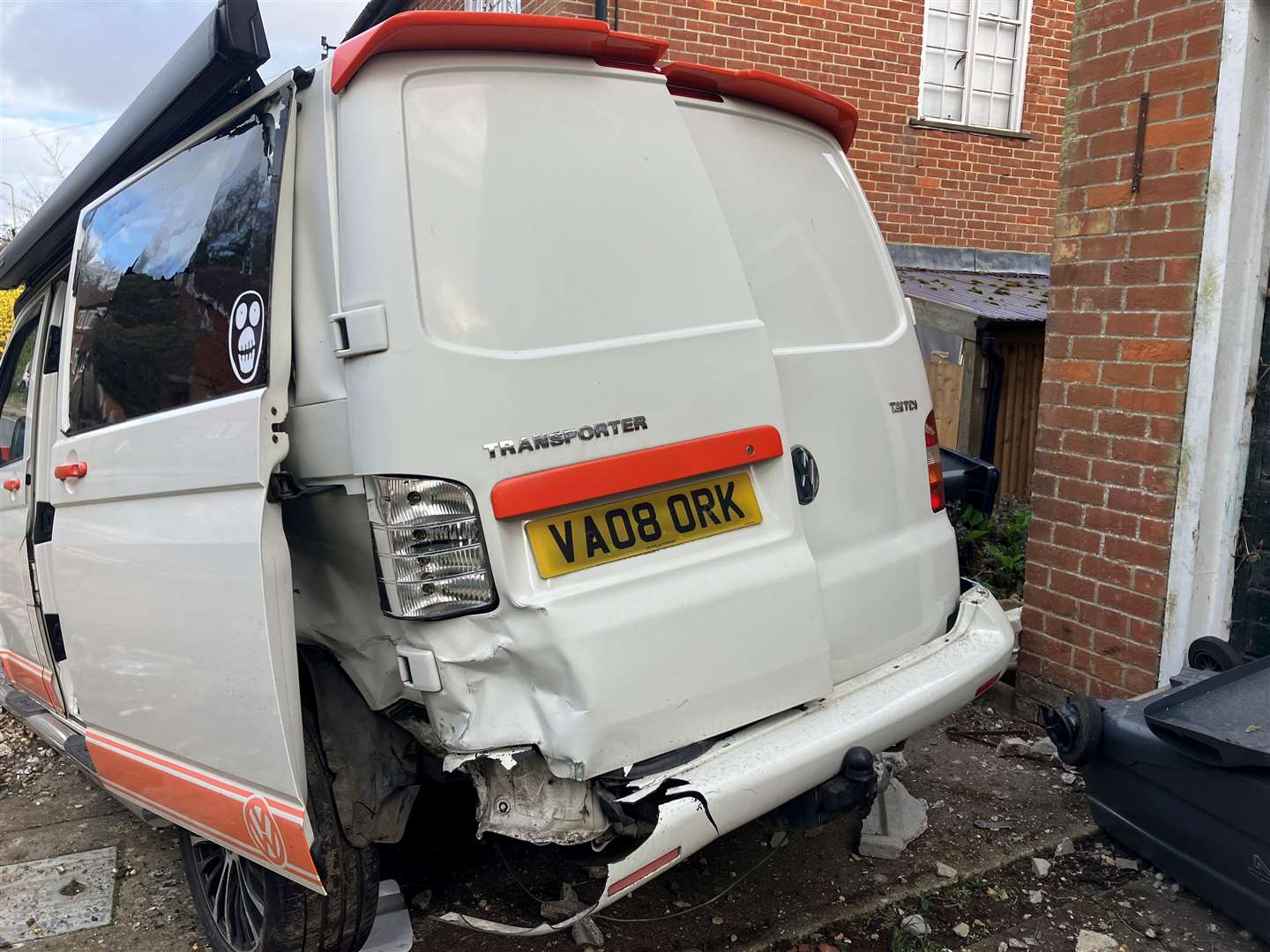 Sarah says her van was 'upended across a wall and into a neighbour's driveway'