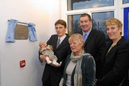 Ursula Fuller, centre, who opened the new sixth form centre with, left to right, her son Martin with the youngest member of the family six-week-old Timothy, Chaucer head teacher Simon Murphy and chairman of governors Carol Lee