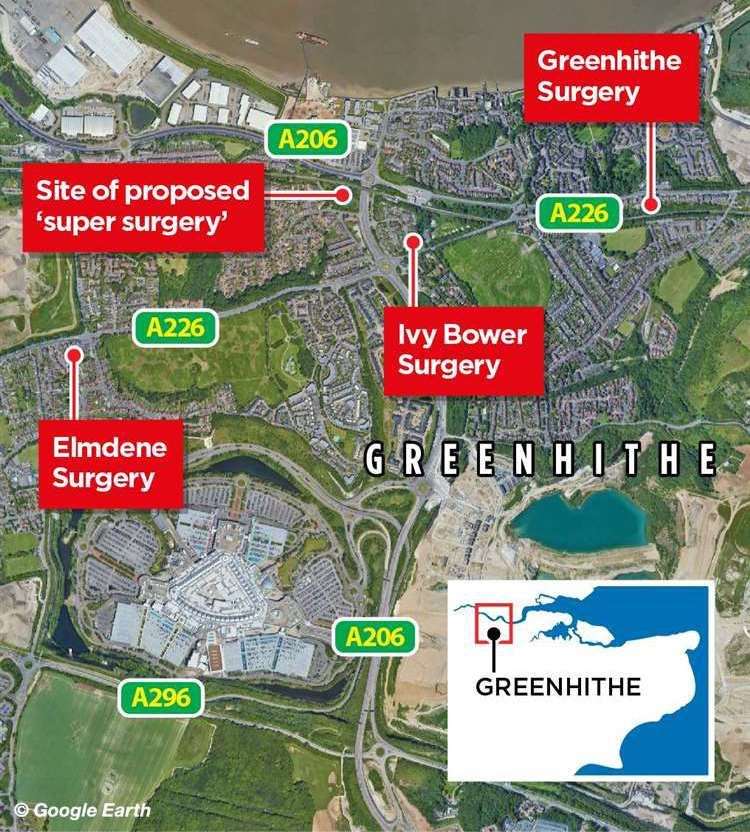 Where the proposed Greenhithe surgery is and the three existing surgeries are.