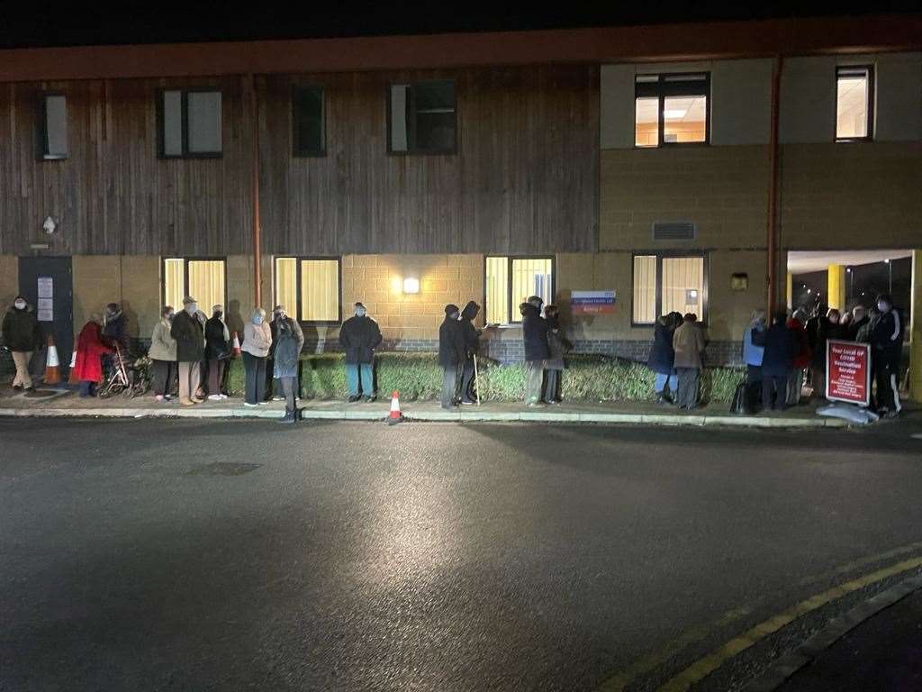 Patients queuing outside the Fleet Campus in Northfleet where two separate vaccine centres have been set up. Picture: Adam Holloway MP