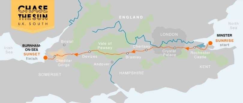 Chase The Sun route map from the Isle of Sheppey in Kent to Somerset to mark the longest day of the year (57404209)