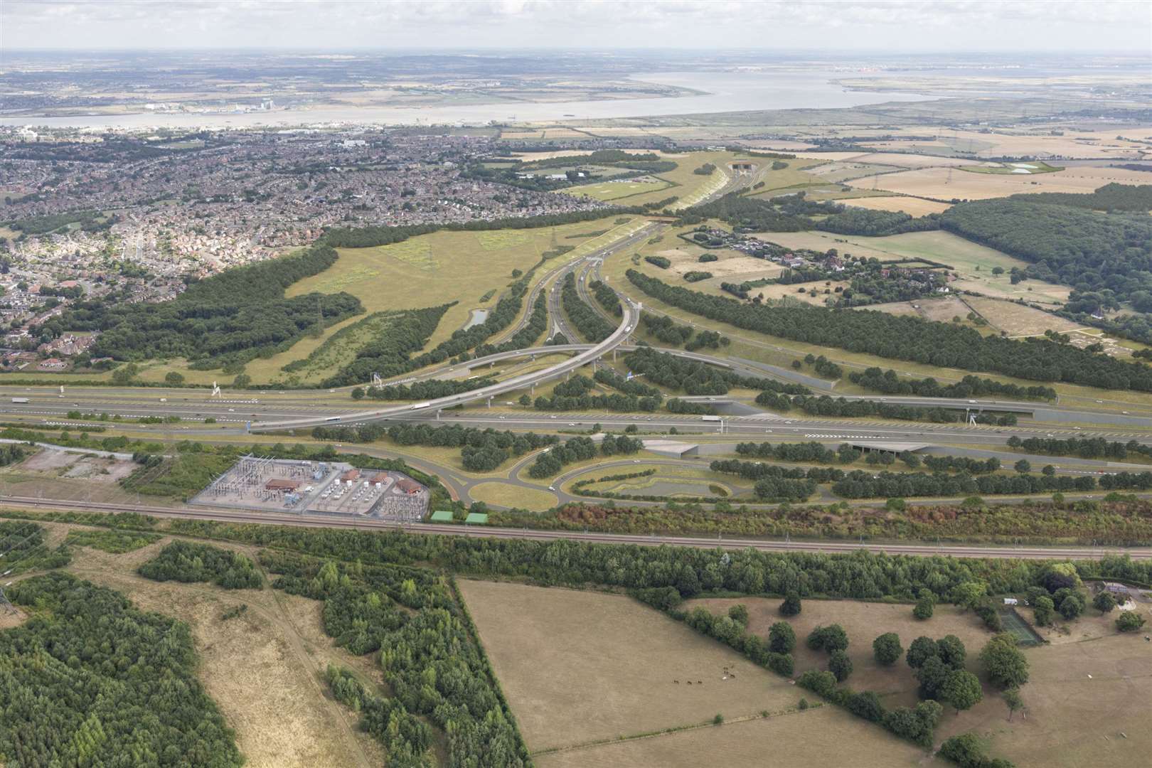 The proposed view looking north from the A2 to the Lower Thames Crossing. Image from Highways England
