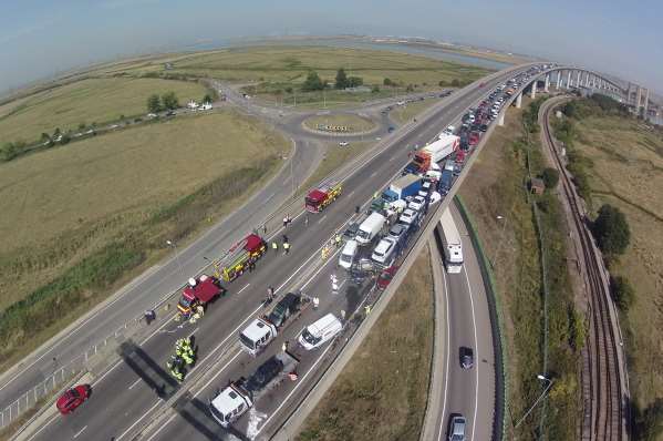 An aerial image shows the scale of the Sheppey Crossing pile-up. Picture: Simon Burchett