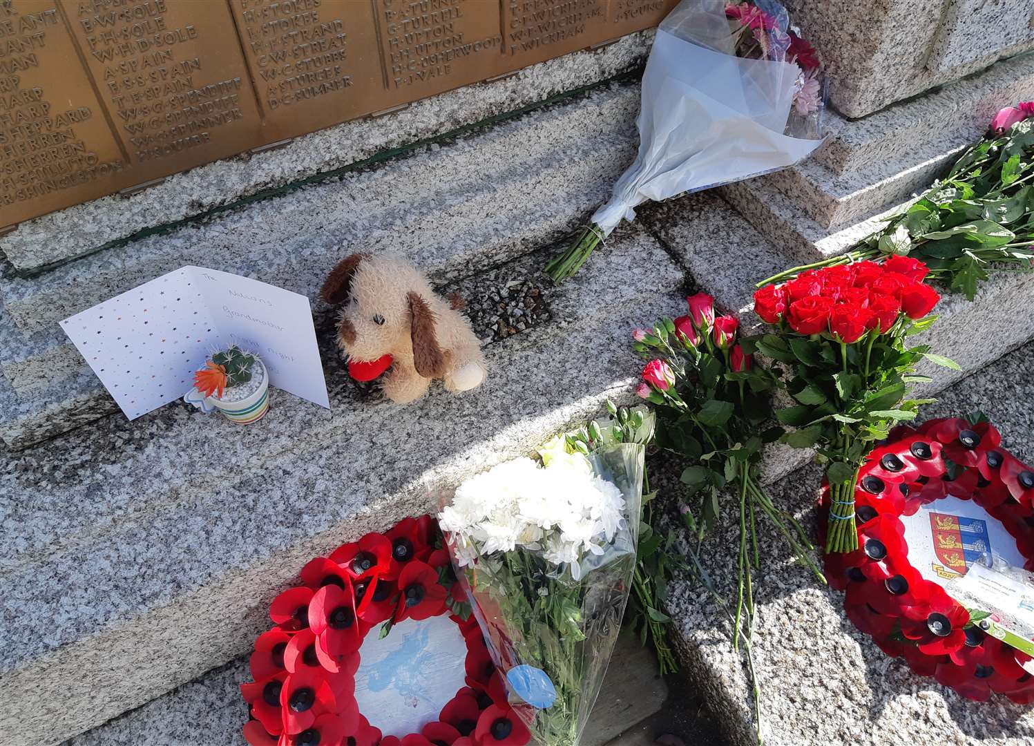 Floral tributes begin to appear at Dover War Memorial alongside existing Remembrance wreaths